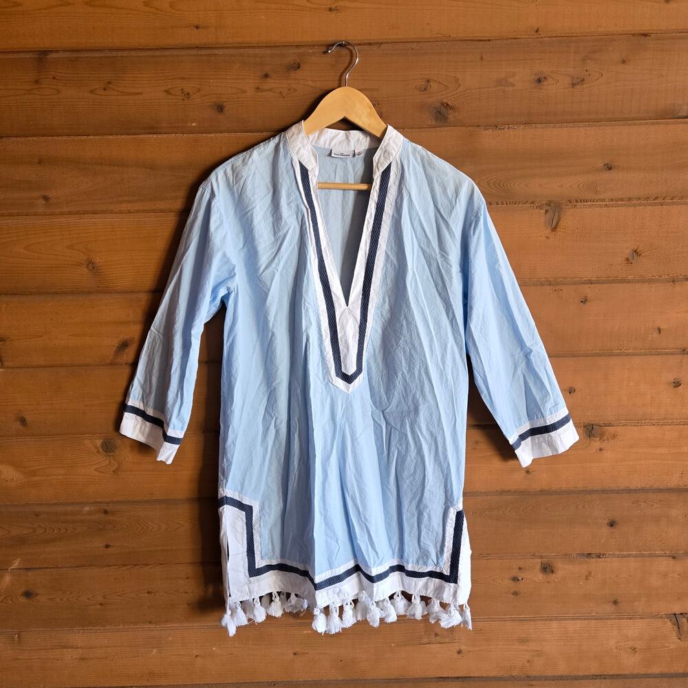 Hermoza Monica Tunic Dress Mini Cover Up Robin Blue White S Vneck Boho Beach Top - Picture 2 of 5
